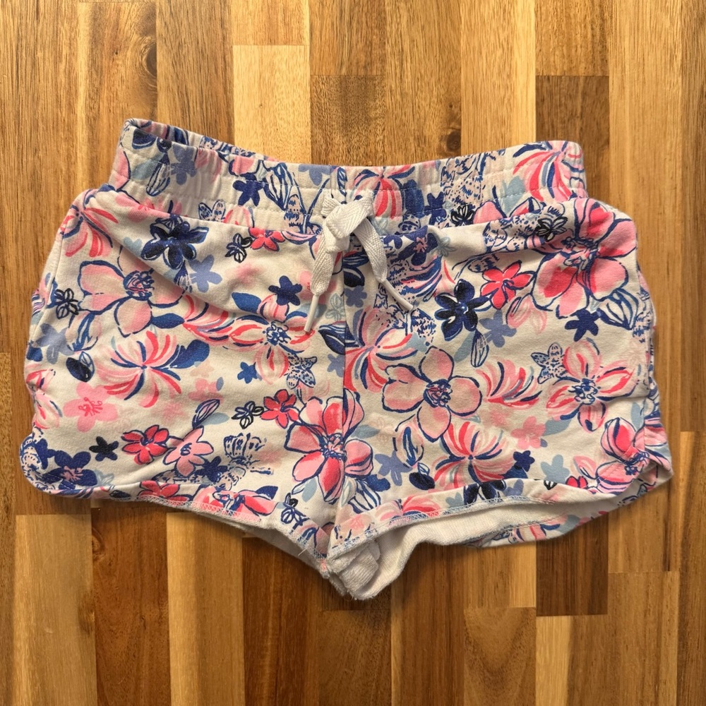 Lilly Pulitzer Girls Pink Blue Floral French Terry Shorts Size S 4-5 Drawstring